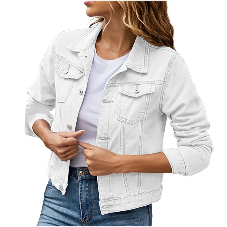 IROINNID Denim Jacket for Women Long Sleeve Turndown Lapel Light Wash Jean Jacket Solid Color Lig... | Walmart (US)