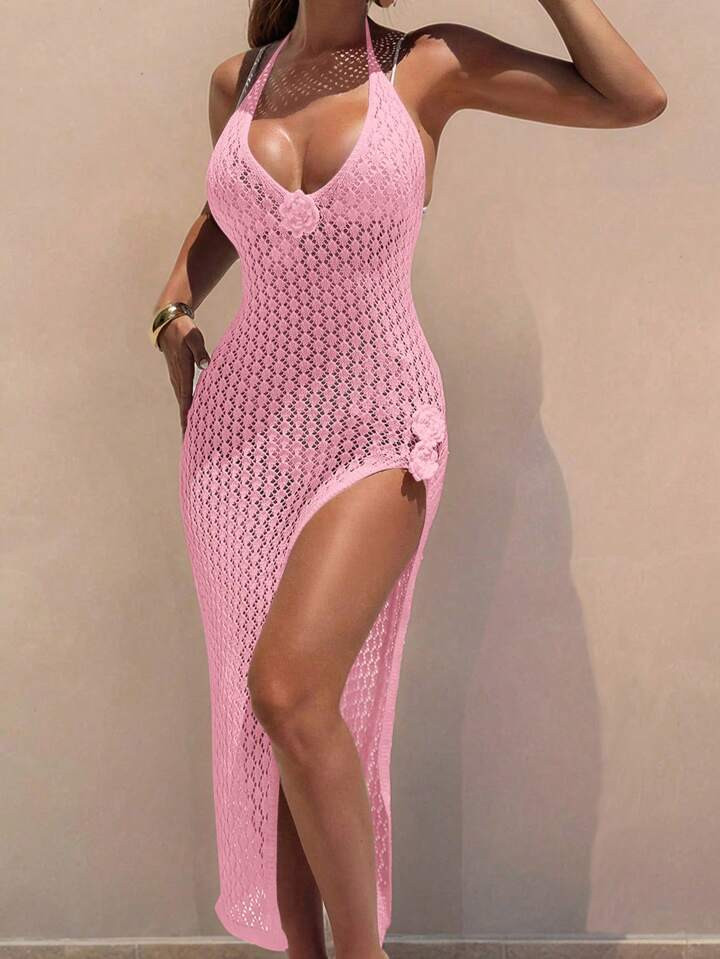 Swim SXY Summer Clothes Elegant Crochet Lace Hollow Out High Slit Backless Dress Cover Up For Vacation | SHEIN