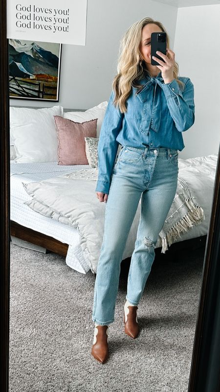 Completely obsessed with this denim outfit! 

Shirt: Gap
Size down 

Pants: Gap
TTS
Literally the perfect straight leg jeans! 

Shoes: Dolce Vita
TTS 
I LOVE the detail on these ones. 

#LTKunder100 #LTKfit #LTKstyletip