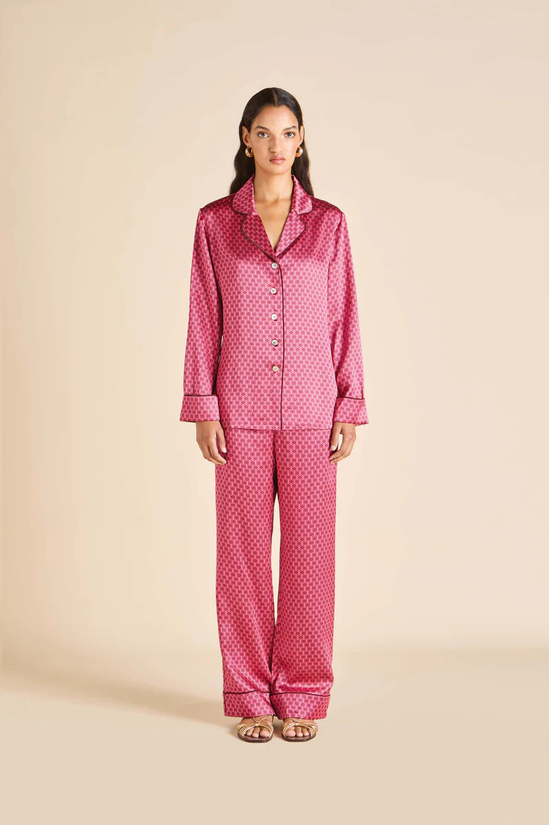Lila Dita Pink Geometric Pajamas in Silk Satin | Olivia von Halle