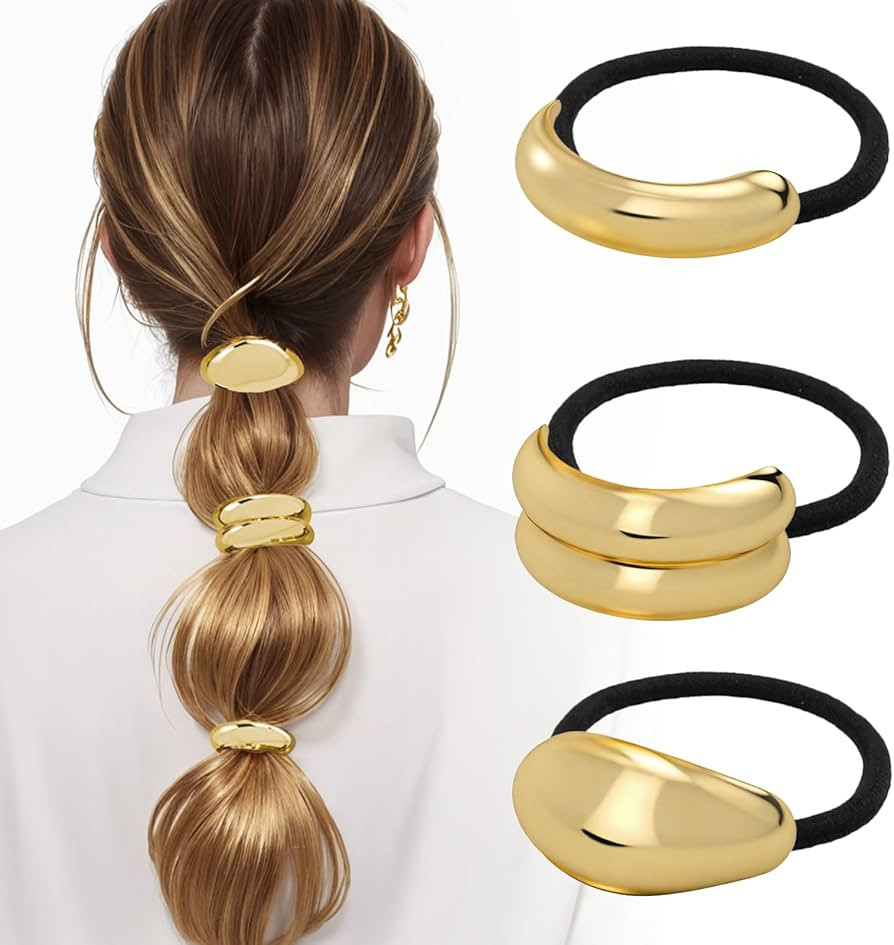 3PCS Metal Hair Tie For Women,Gold Cuffs,Metal Geometric Gold Hair Ties, Hair Accessories Stretch... | Amazon (US)