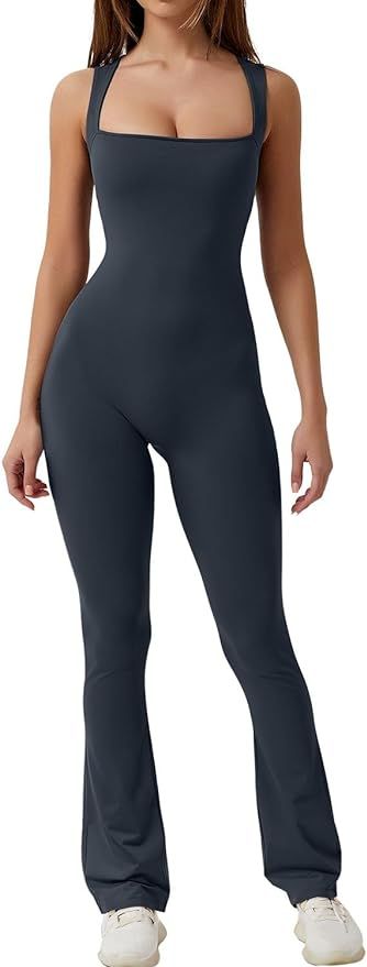 QINSEN Black Jumpsuit for Women Sleeveless Sexy Suqare Neck Stretch Flare Leggings Romper Unitard | Amazon (US)