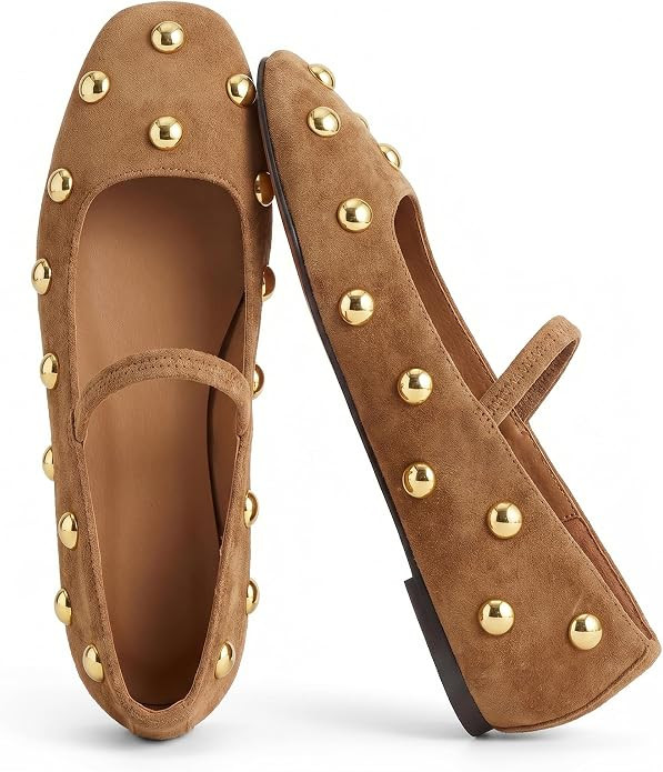 Studded Flats for Women Square Toe Slip on Suede Ballet Flats | Amazon (US)