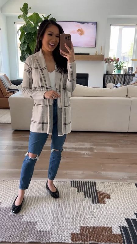 Smart casual fall outfit with this gorgeous windowpane cardigan paired with jeans and flats for a chic look! I love that this cardigan has a relaxed and classic fit. Can be dressed up or down and is 25% off! Linking a look for less shoe and similar jeans 

#LTKSeasonal #LTKstyletip #LTKsalealert