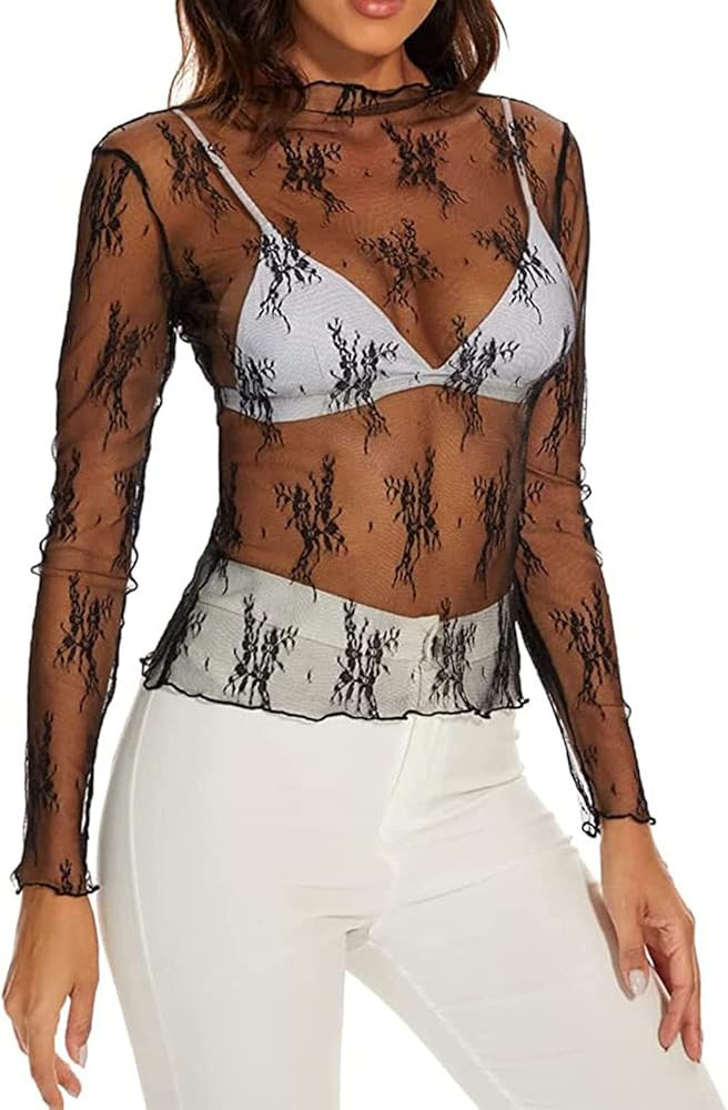 Mesh Long Sleeve Top, Floral Embroidery Mock Neck Sheer Top Sexy Mesh Layering See Through Tee Shirts for Women Clubwear | Amazon (US)