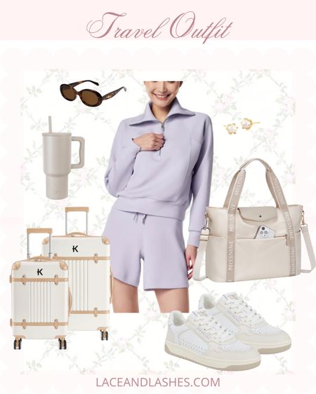 Travel outfit idea 🤍 how cute is this spanx air essentials set?! Comes in a bunch of colors too! My luggage is great quality and can be monogrammed🫶🏼 
Amazon travel, designer look for less, simple modern 

#LTKTravel #LTKFindsUnder50 #LTKSaleAlert