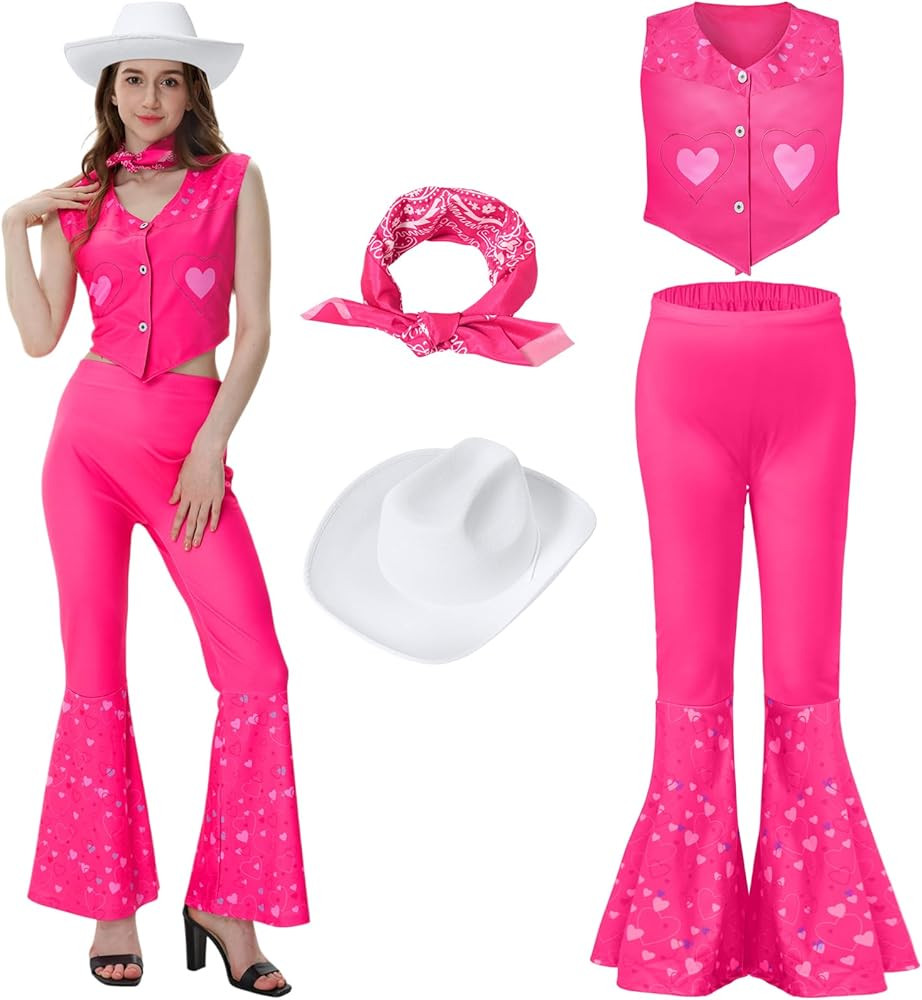 JenPen 4 Pcs Pink Cowgirl Outfits for Women 70s 80s Disco Costume Set with Flare Pants Vest Hat B... | Amazon (US)