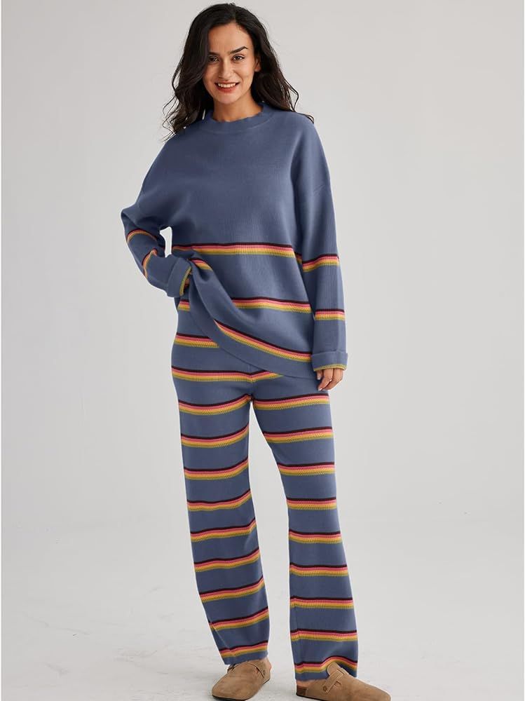 2 Piece Outfits for Women 2023 Oversized Fall Lounge Sets Striped Sweaters Cozy Knit Long Sleeve Pul | Amazon (US)
