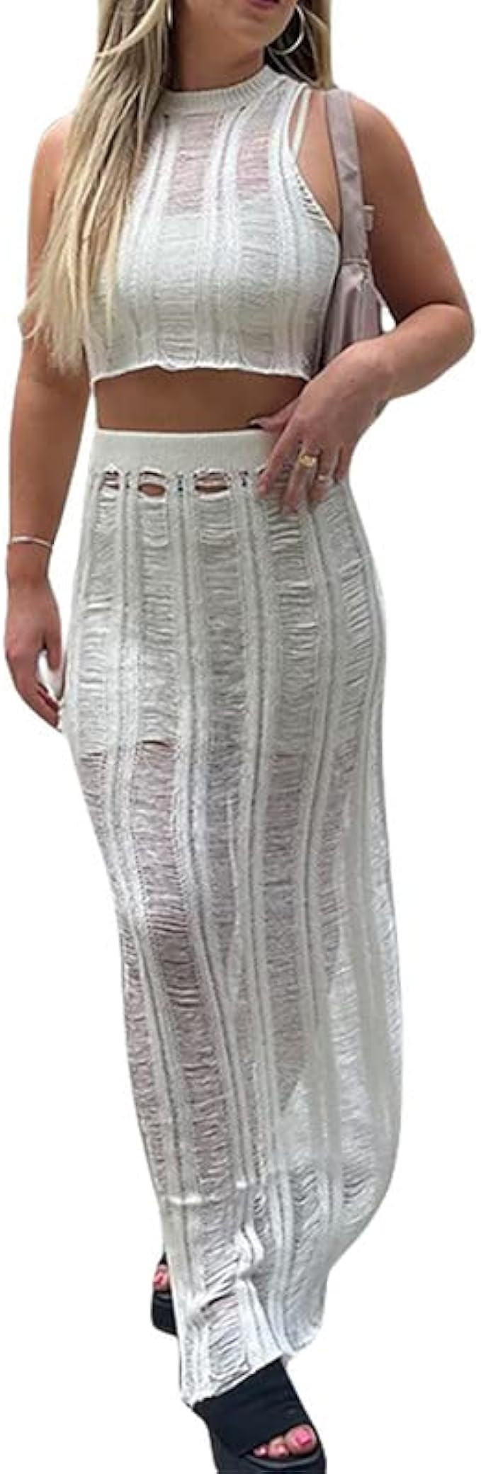 Women Crochet Knit 2 Piece Long Skirt Sets Hollow Out Crop Top Bodycon High Waist Side Slit Maxi ... | Amazon (US)
