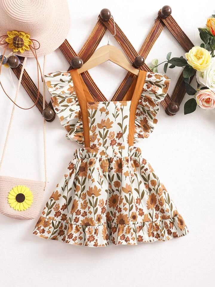 SHEIN Kids EVRYDAY Toddler Girls Floral Print Ruffle Trim Overall Dress | SHEIN