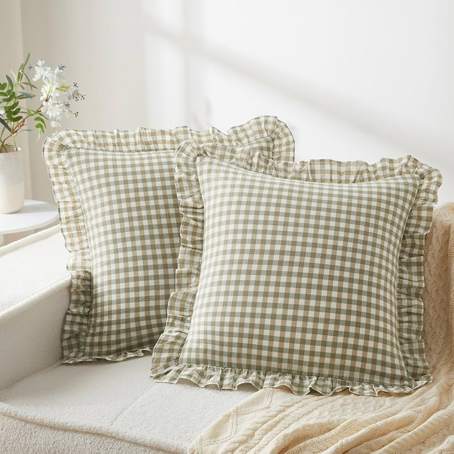 KKJIAF Ruffle Plaid Euro Sham Pillow Covers 20 x 20 Inches, Cotton Gingham Pillow Cases Set of 2,... | Amazon (US)