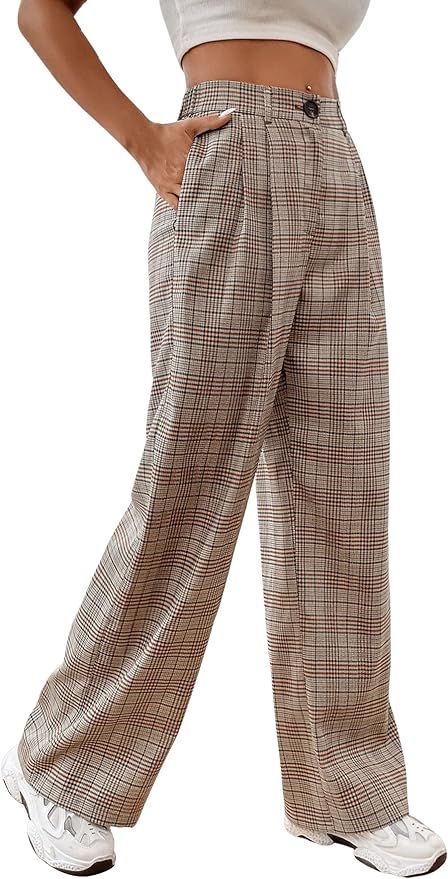 SweatyRocks Women's Casual Plaid Print Pants High Waist Wide Leg Pleated Trouser Pants | Amazon (US)