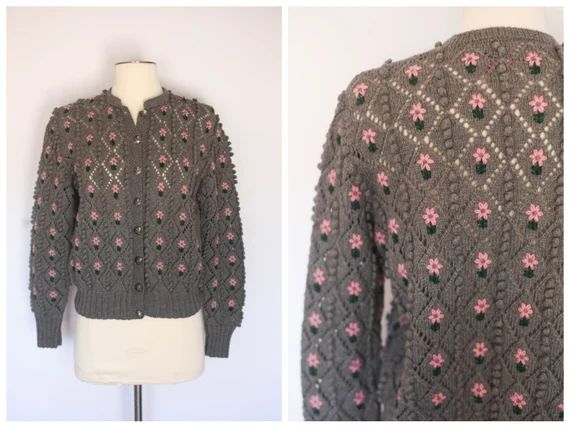 Rare 1930's Lanz Hand Knit Gray Nubby Floral Cardigan Sweater | Etsy (US)