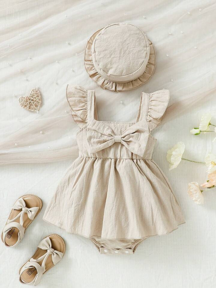 Baby Girls' Solid Color A-Line Dress With Flutter Sleeves And Bow Decor | SHEIN