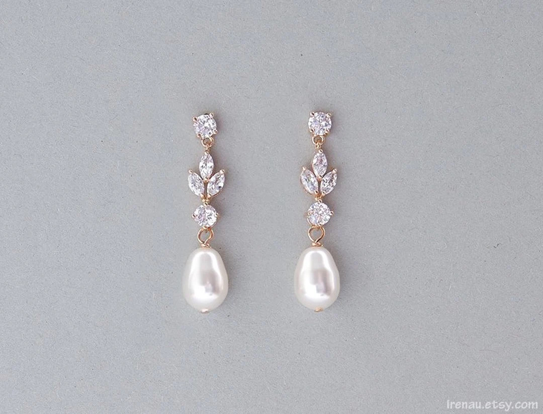 Bridal Pearl Earrings, Rose Gold Earrings, Crystal Pearl Earrings, Wedding Pearl Earrings Dangle ... | Etsy (US)