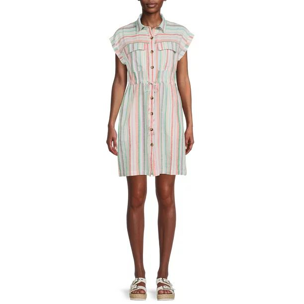 Time and Tru Women's Short Sleeve Woven Knee Length Cinch Waist Shirt Dress - Walmart.com | Walmart (US)