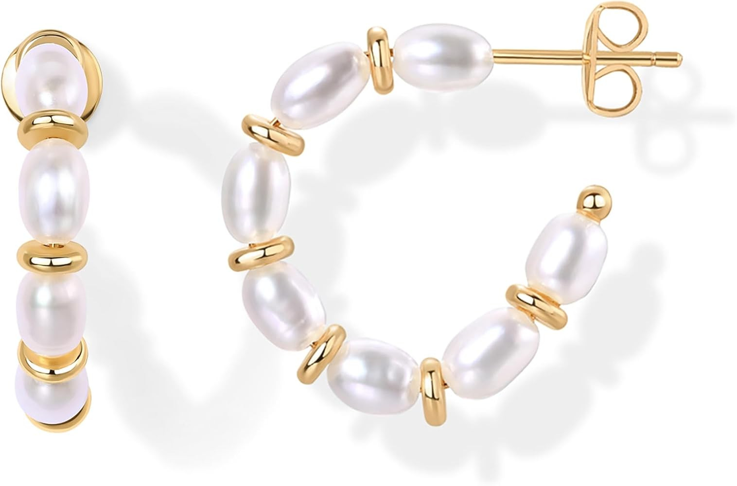 PAVOI 14K Gold-Plated Classic Pearl Hoop Earrings for Women | Freshwater Pearl Earring Pair | Amazon (US)