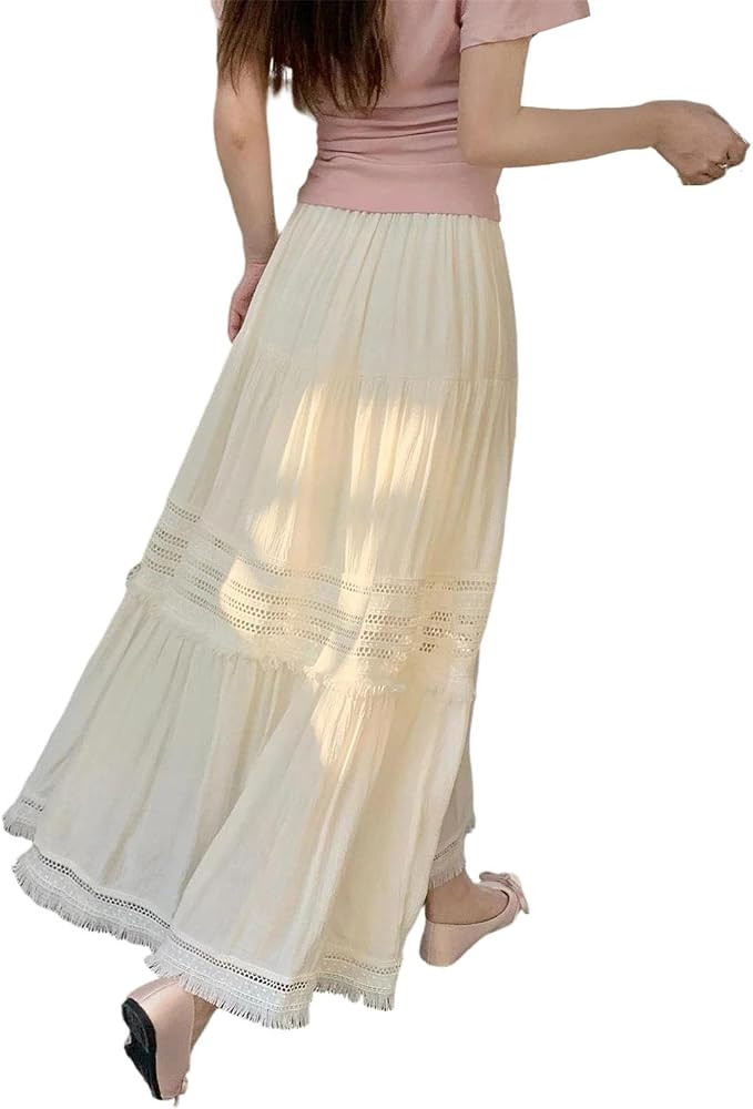 Women's Mid Calf Pleated Layered Tassel Casual Ruffle Skirt | Amazon (US)