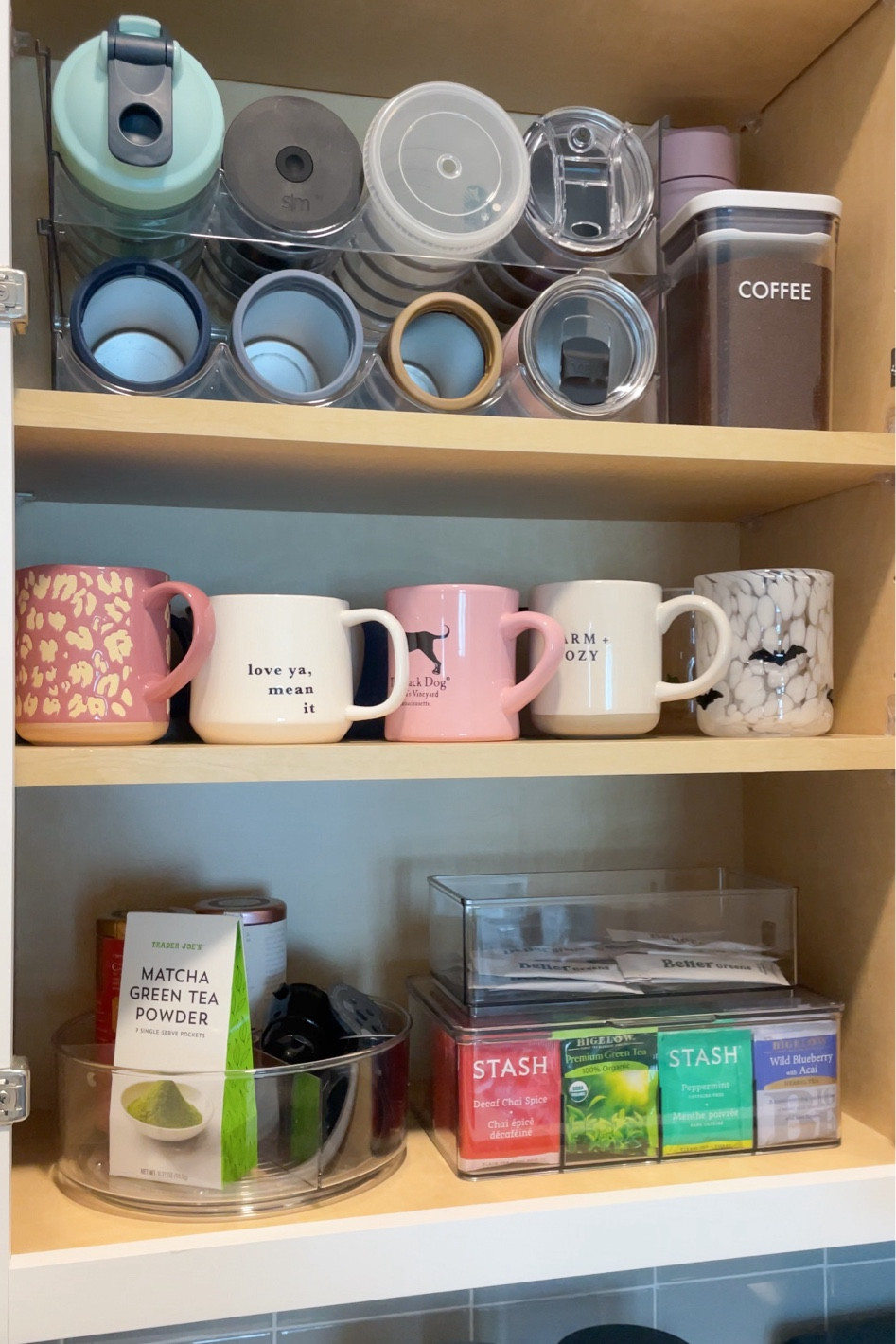 Kitchen organization / water bottle organizer / mugs / Anthro icon glasses / tea organizer / acrylic lazy Susan / The Container Store finds 

#LTKHome