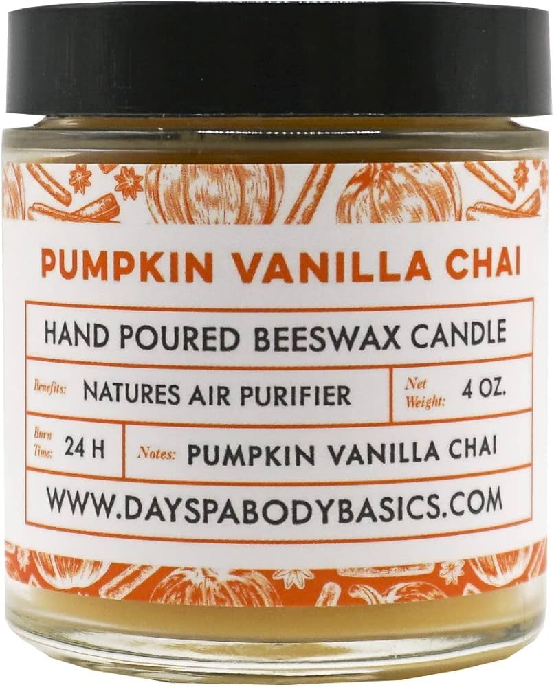 Pumpkin Vanilla Chai Hand-Poured Beeswax Candle - All-Natural, Cotton Braided Wick, Chemical Free... | Amazon (US)