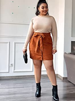 Floerns Women's Plus Size Paper Bag Waist Button Front Belted Corduroy Short Skirt | Amazon (US)