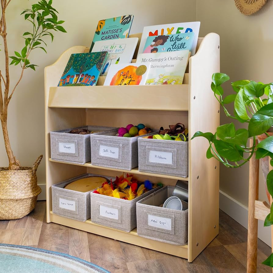 Guidecraft EdQ Book and Bin Browser Natural: 6 Fabric Storage Bins, Book Display and Toy Storage ... | Amazon (US)