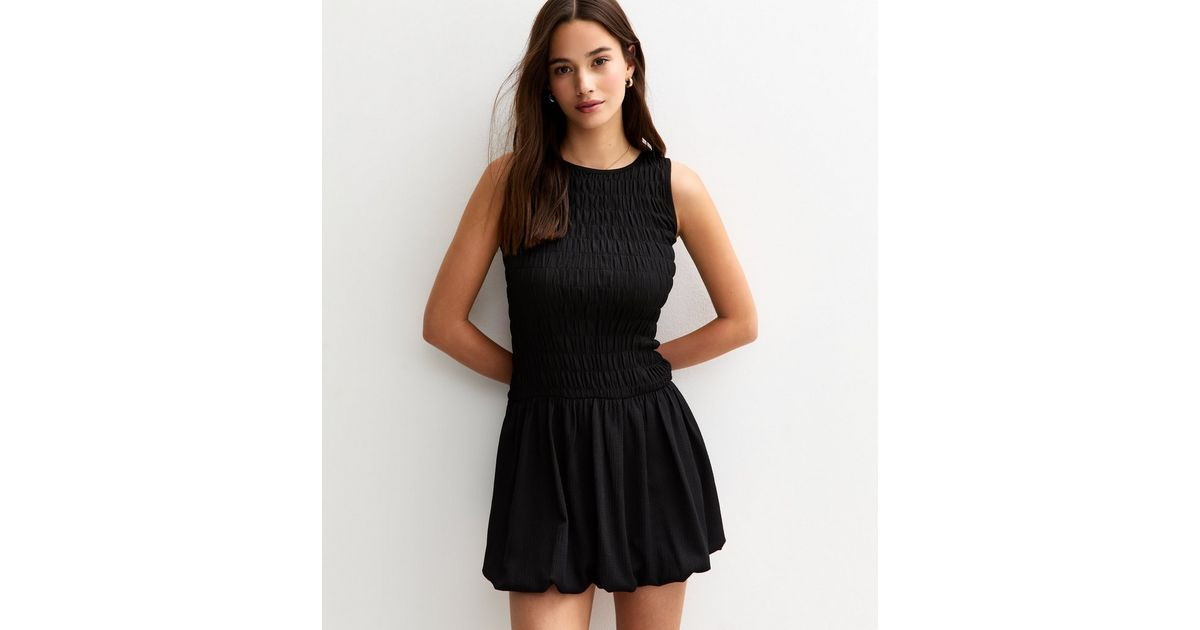 Black Shirred Bodice Puffball Hem Mini Dress | New Look | New Look (UK)