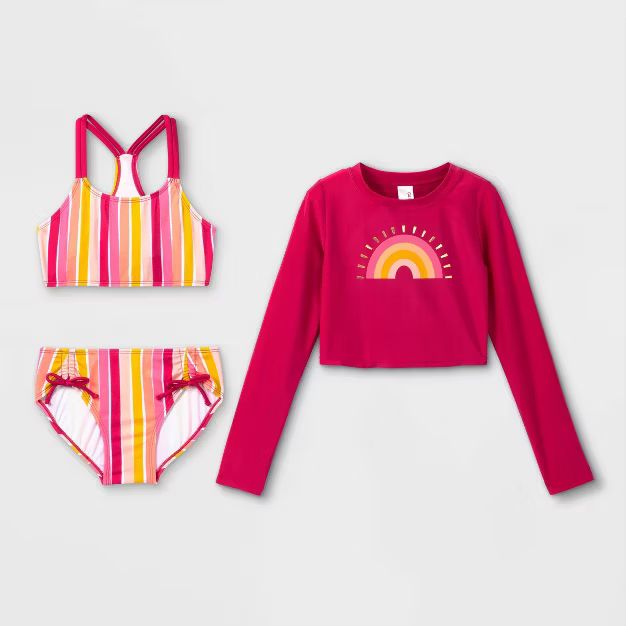 Girls' Sunshine Striped 3pc Bikini Set with Cropped Rash Guard - Cat & Jack™ Pink | Target