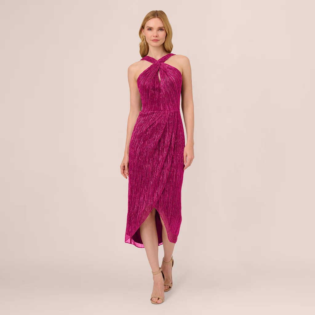 Metallic Knit Halter Midi Dress With Wrap Skirt In Magenta | Adrianna Papell