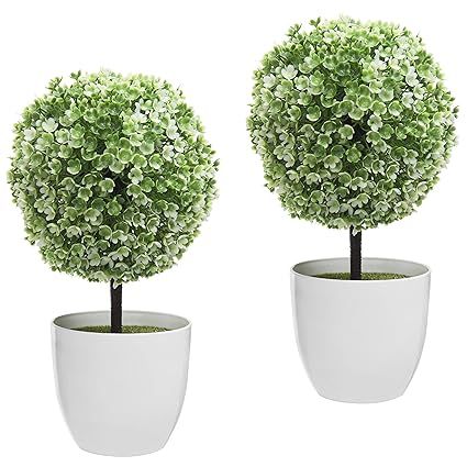 MyGift 10 inch Artificial Faux Tabletop Topiary Trees with White Planter Pots, Set of 2 | Amazon (US)