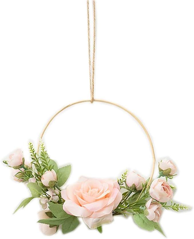 YYC 1Pcs European Chic Artificial Rose Hanging Geometric Hoop Wreath Bedroom Wall Decor Hemp Rope... | Amazon (US)
