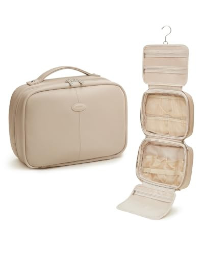 EACHY Toiletry Bag with Hanging Hook, Travel Makeup Bag PU Leather Cosmetic Bags for Women Make Up Organizer with 4 Compartments Waterproof Full-Size Portable Travel Essentials (Trench，Pro) | Amazon (US)
