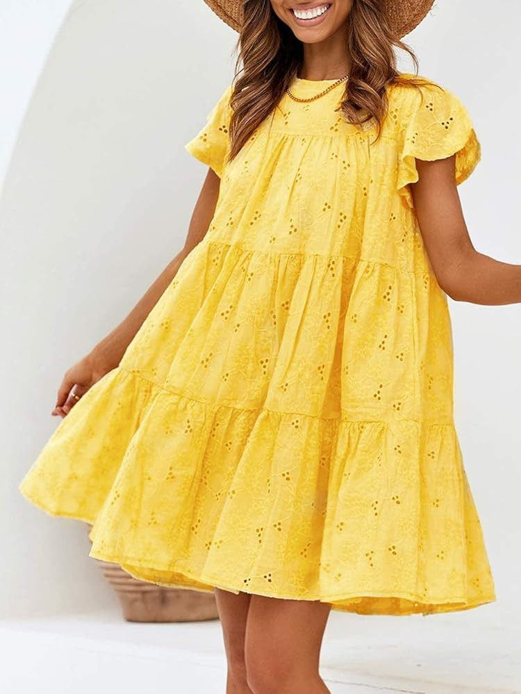 Miessial Women's Summer Embroidery Round Neck Mini Dress Hollow Out Loose Swing Dress | Amazon (US)