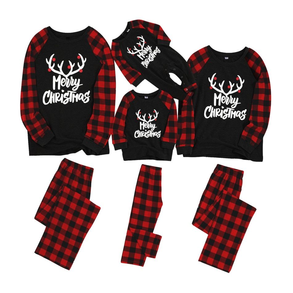 Merry Christmas Antler Letter Print Plaid Design Family Matching Pajamas Sets | PatPat