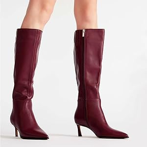 MICIFA Burgundy Kitten Heel Knee High Boots for Women Side Zipper Tall Leather Boots Pointed Toe ... | Amazon (US)