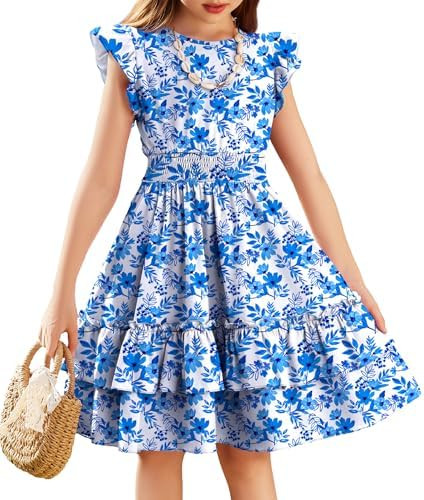 Arshiner Girls Dresses Flutter Sleeve A-Line Sundress Casual Summer Tiered Swing Midi Pocket Dres... | Amazon (US)