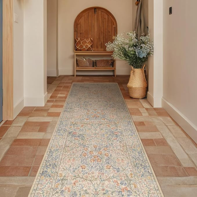 Vintage Beige Blue 2'6" x 8' Runner Rug for Hallway, Kitchen, Bathroom, Entryway Indoor, Washable... | Amazon (US)