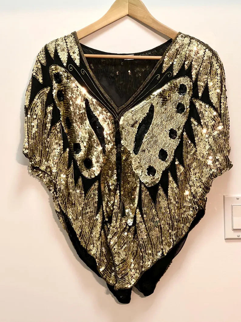 Vintage Circa 80s Gold and Black Sequin Butterfly Blouse -  Size Medium | Etsy (US)