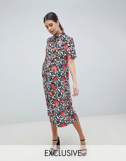 ASOS DESIGN Maternity Midi Dress With Button Through In Mono Floral | ASOS UK