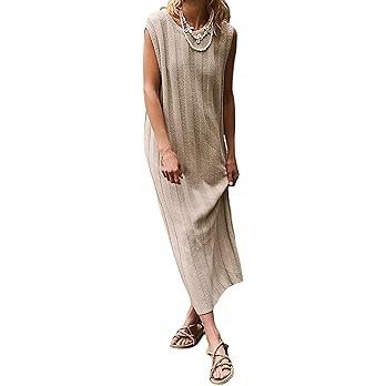 SAFRISIOR Women Sleeveless Sweater Midi Dress Scoop Neck Loose Fit Knitted Dress Solid Casual Tan... | Amazon (US)