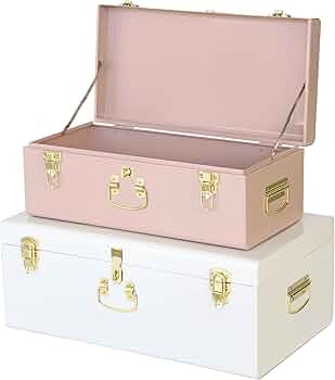 Vixdonos Metal Trunk Decorative Storage Box Set of 2 College Dorm Chest with Handle (Pink and Whi... | Amazon (US)