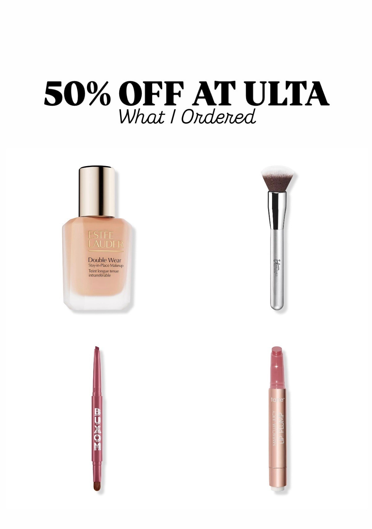 50% off today!! I stocked up on some my favorite beauty items -  Estée Lauder double wear foundation (great for oily skin!) + it foundation brush, buxom lip liner and tarte lip gloss

#LTKSaleAlert #LTKBeauty #LTKootd