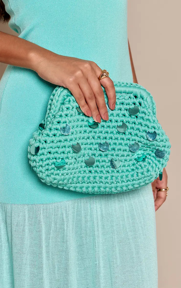 Aqua Crochet Sequin Clutch Bag | PrettyLittleThing USA | PrettyLittleThing US