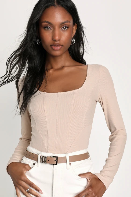 Style Skills Beige Ribbed Knit Long Sleeve Corset Bodysuit | Lulus