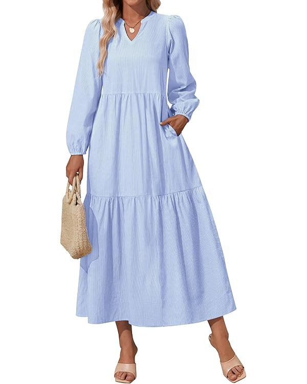 NENONA Women's 2024 Stripe Long Sleeve V Neck Casual Loose Flowy Tiered Maxi Dress with Pockets | Amazon (US)