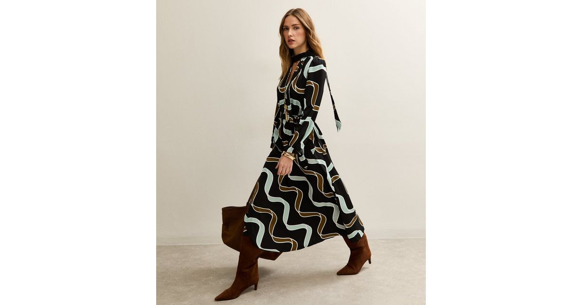 Light Blue and Brown Ribbon Long Sleeve Pussybow Midi Dress | New Look | New Look (UK)