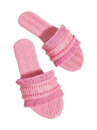 OYOANGLE Women's Fringe Straw Sandals Crochet Open Toe Single Band Flat Slip On Sandals Pink 7 | Amazon (US)
