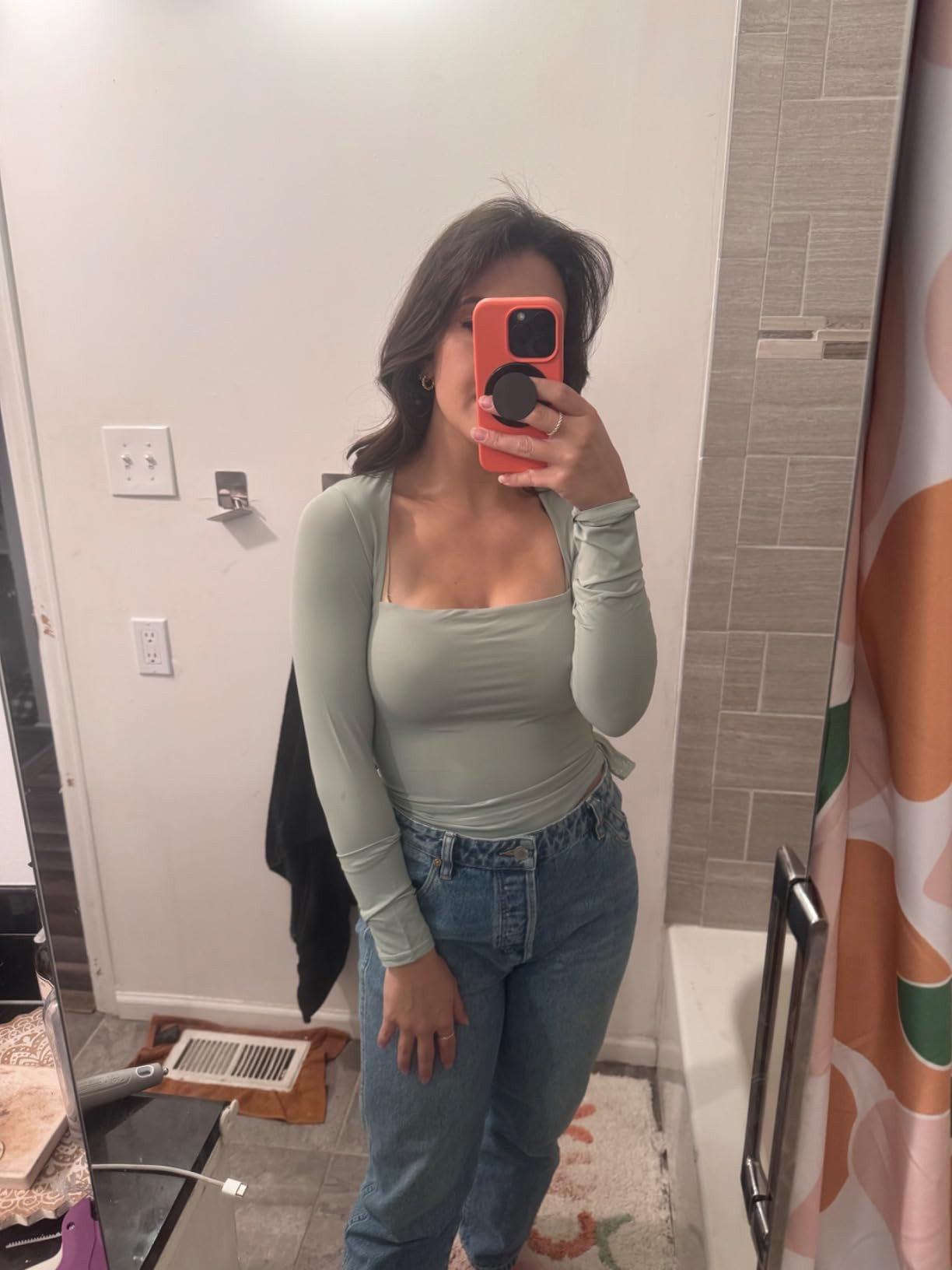 QINSEN Women's Sexy Square Neck Bodysuit Long Sleeve Double Lined Shirt Tops | Amazon (US)