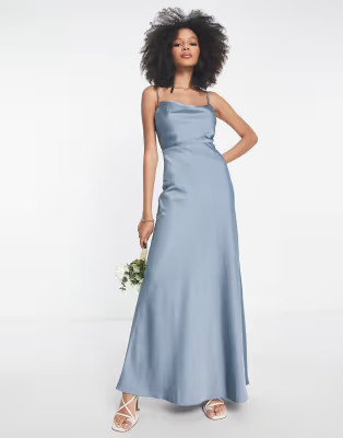 ASOS DESIGN Bridesmaid satin cowl neck maxi dress with full skirt in dusky blue | ASOS (Global)