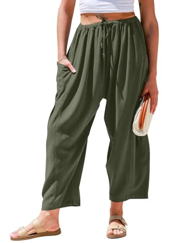 TARSE Womens Linen Wide Leg Pants Casual Loose Drawstring Low Waist Summer Beach Palazzo Harem Pants with Pockets(Green,M) | Amazon (US)